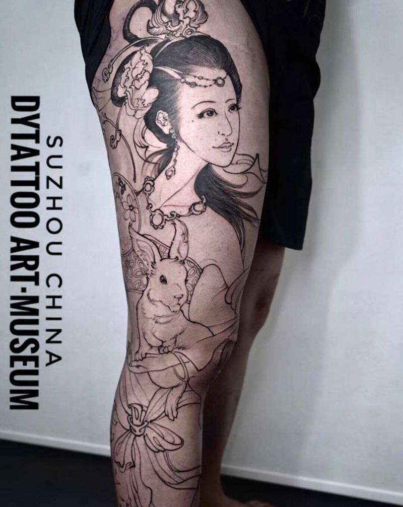 嫦娥玉兔纹身图片_腿部新传统纹身图案