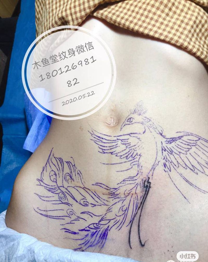 抽象水彩凤凰纹身图片_腹部水彩纹身图案