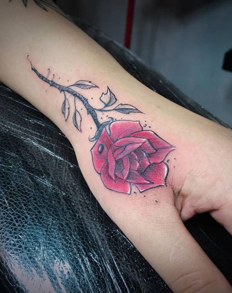 遮盖玫瑰花纹身图片_手臂手部水墨水彩玫瑰花彩色遮盖纹身图案