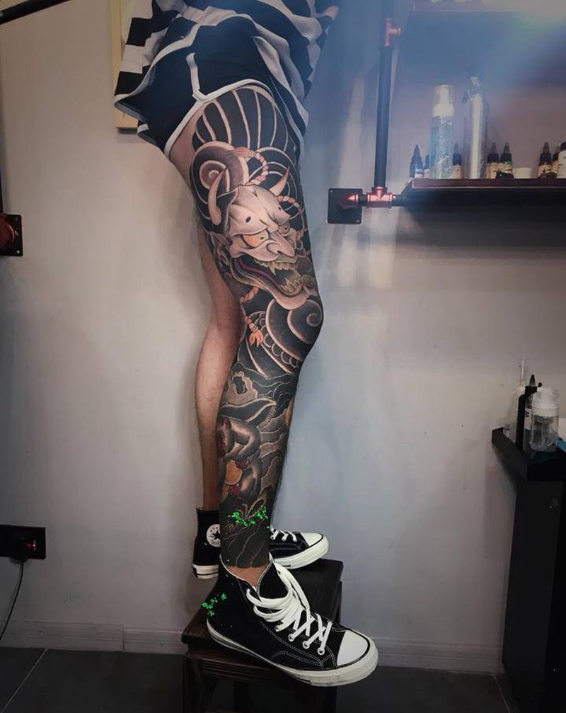 老传统花腿纹身图片_腿部老传统花腿日式般若纹身图案