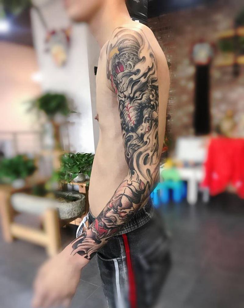 花臂拼接纹身图片_手臂新传统纹身图案