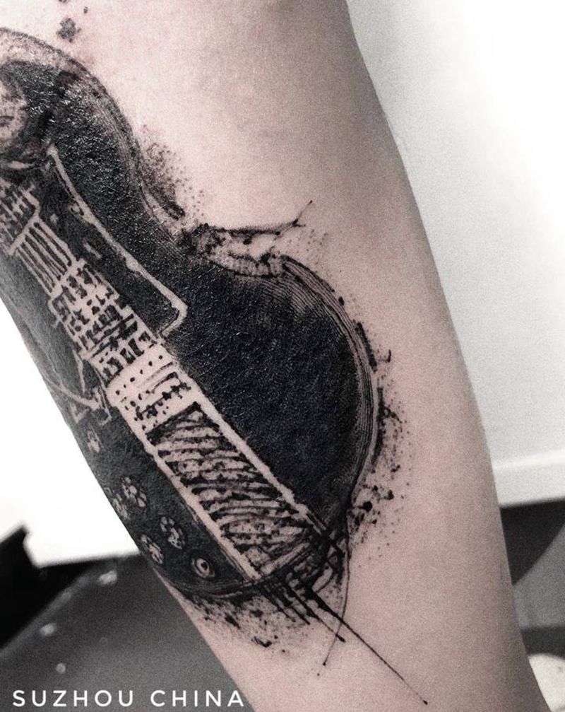 吉他遮盖伤疤纹身图片_腿部水墨纹身图案