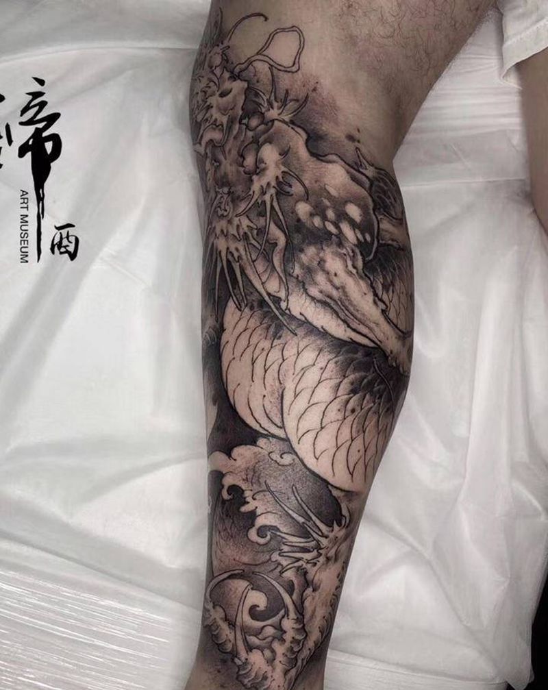龙 黑灰新传统纹身图片_腿部纹身图案
