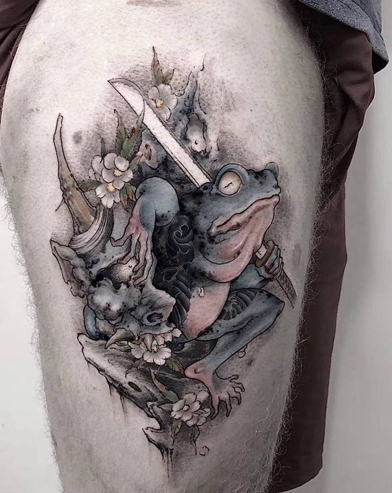 新传统 青蛙斩般若纹身图片_腿部纹身图案