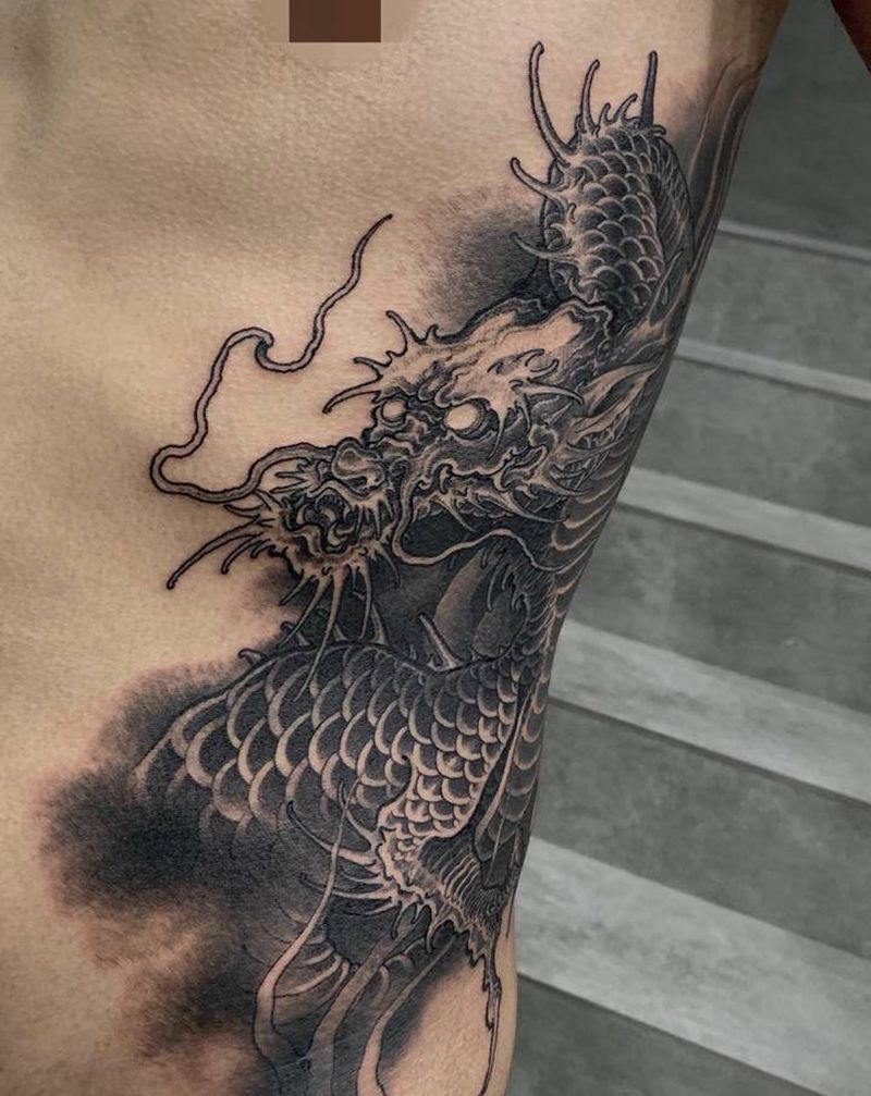 龙纹身图片_腹部腰部新传统纹身图案