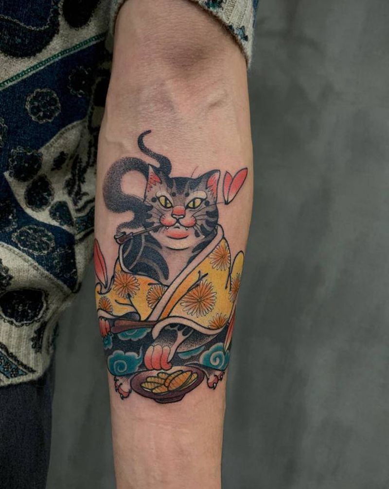 喵之极道纹身图片_手臂新传统纹身图案