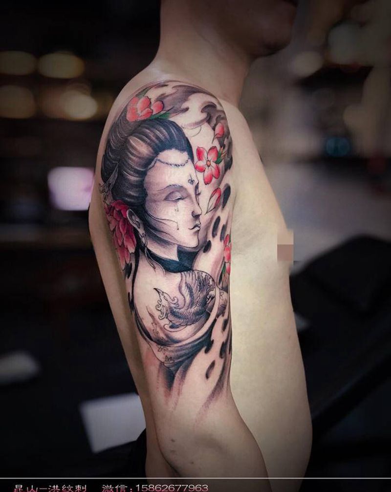艺伎纹身图片_手臂新传统艺伎落泪艺伎昆山纹身图案