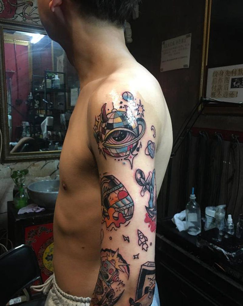 拼接花臂纹身图片_手臂Old School拼接花臂纹身图案