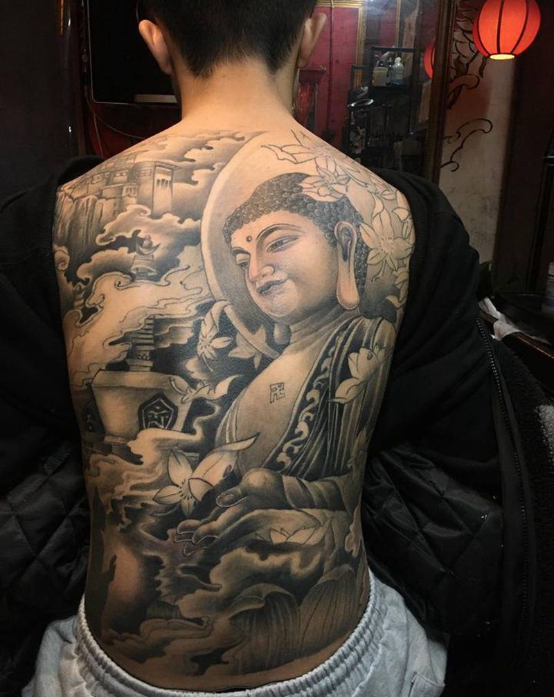 佛纹身图片_背部手臂新传统欧美写实佛 观音纹身图案