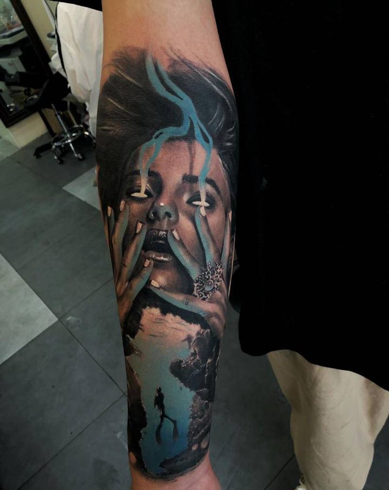 欧美写实人像纹身图片_手臂欧美写实海洋纹身图案