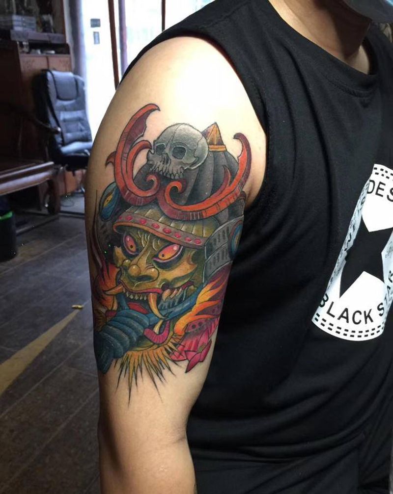 鬼武士纹身图片_手臂New SchoolOld School鬼武士纹身图案