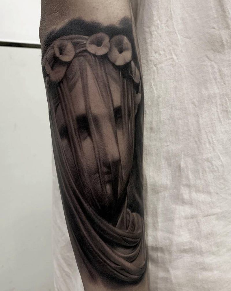雕塑作品纹身图片_手臂欧美写实雕塑黑灰写实素描纹身图案