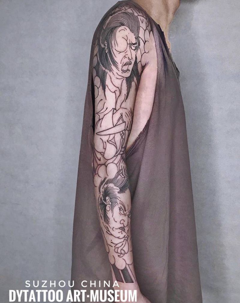 老传统生首花臂纹身图片_手臂纹身图案