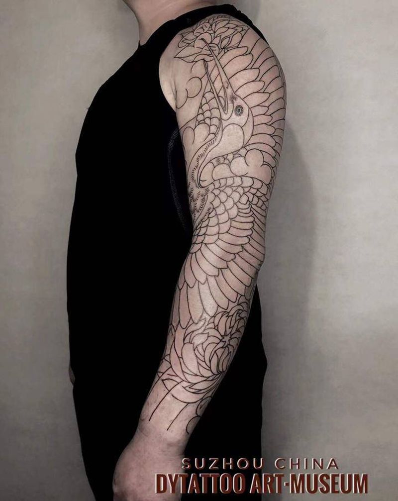 老传统仙鹤花臂纹身图片_手臂老传统纹身图案