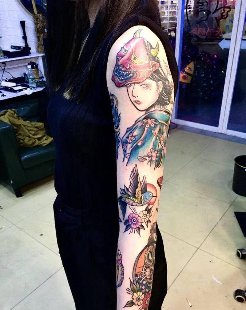 school拼接纹身图片_手部腿部Old SchoolNew School虎 猫蝴蝶纹身图案