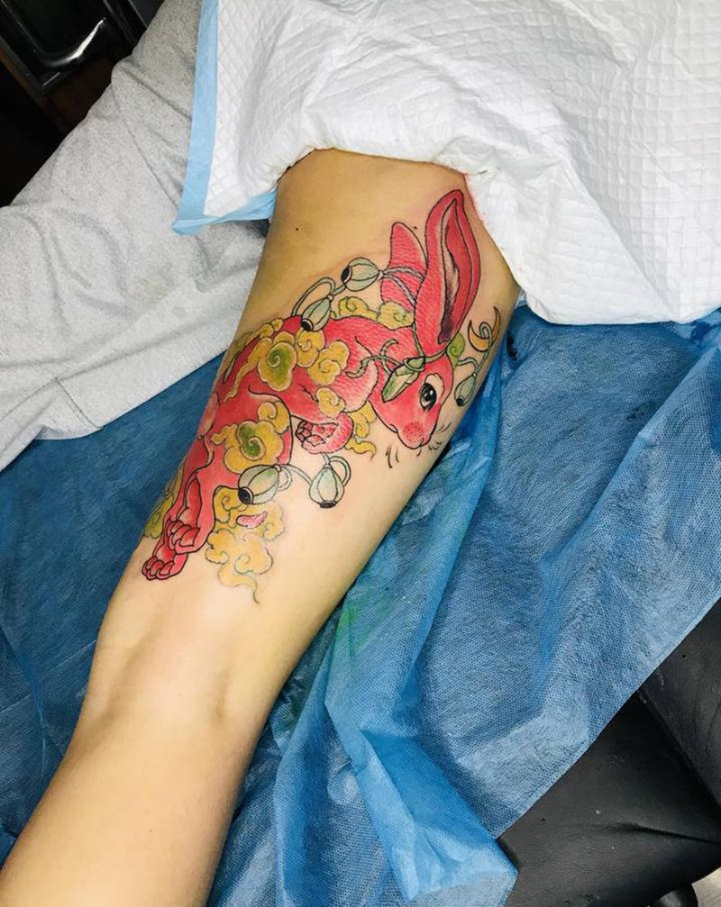 兔子纹身纹身图片_腿部Old School水彩纹身图案