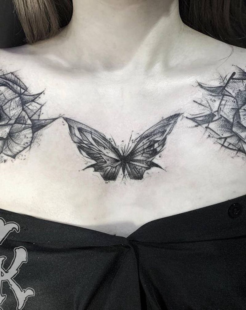 肩花 freehand纹身图片_胸部肩部点刺纹身图案