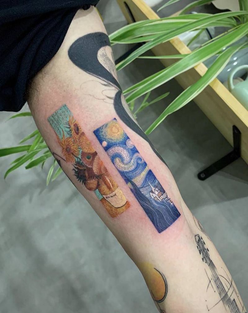 梵高的向日葵，星空纹身图片_手臂水彩纹身图案