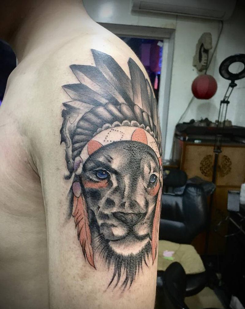 狮子  老虎纹身图片_手臂水彩New School狮子 老虎纹身图案