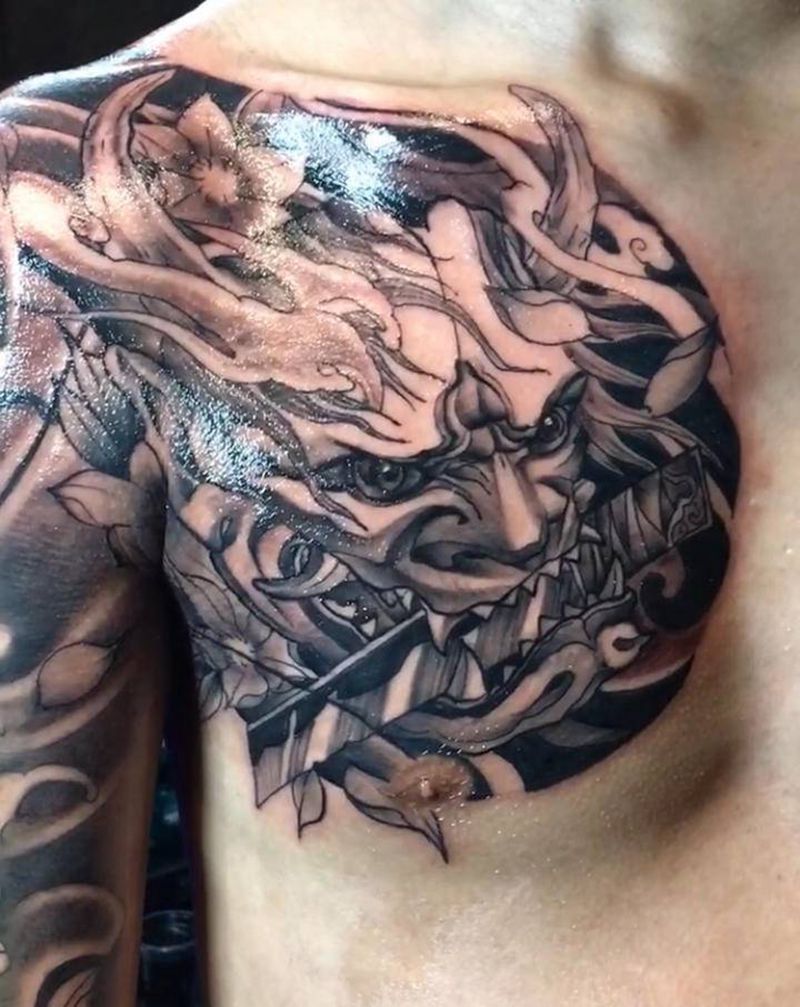 胸口般若纹身图片_胸部手部新传统几何般若纹身图案