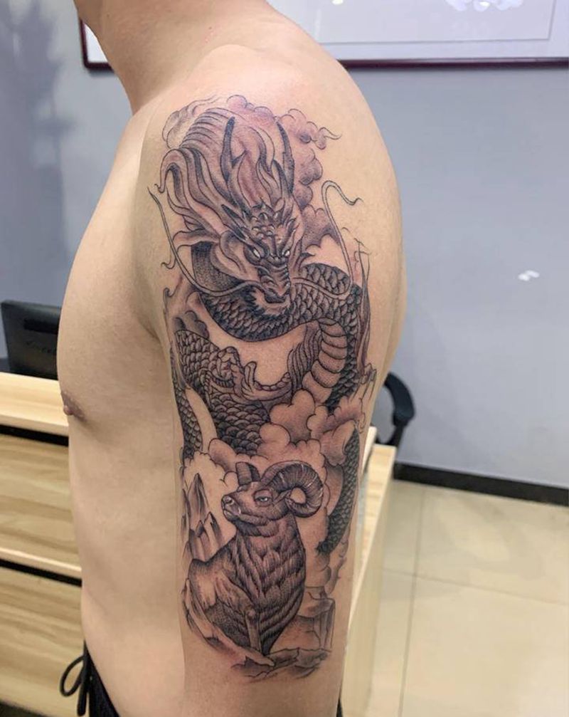 龙羊生肖纹身图片_手臂纹身图案