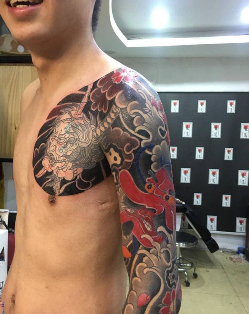 日式老传统纹身图片_手臂胸部老传统新传统天狗纹身图案