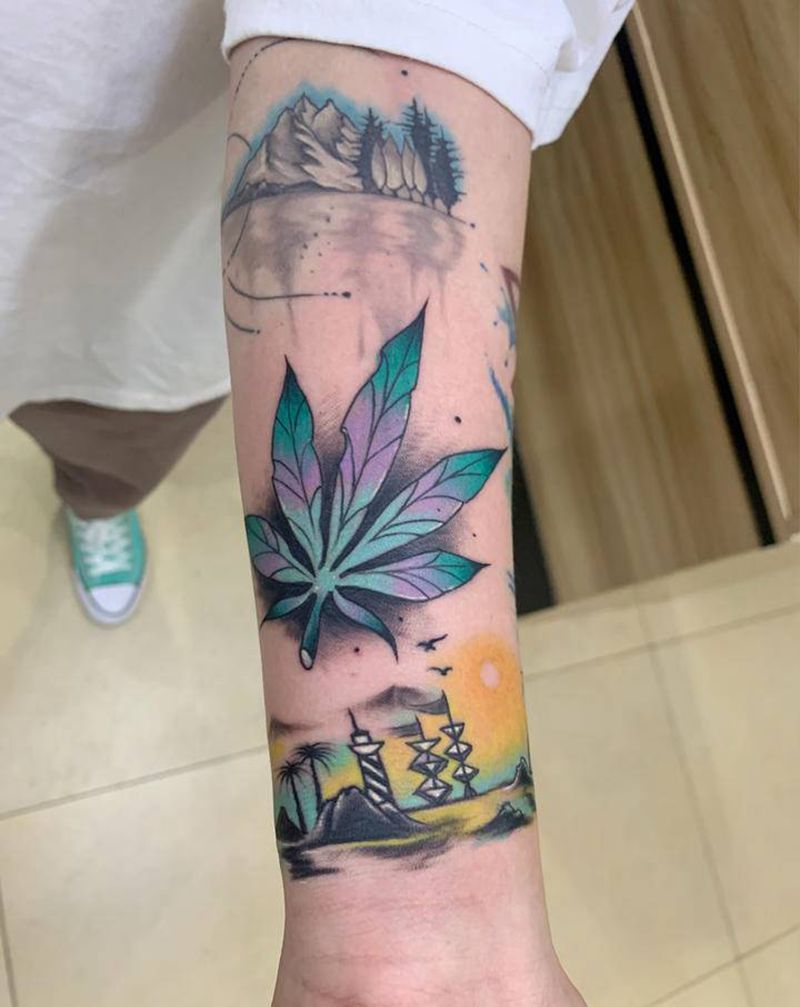大麻叶#帆船小岛手环纹身图片_手臂纹身图案