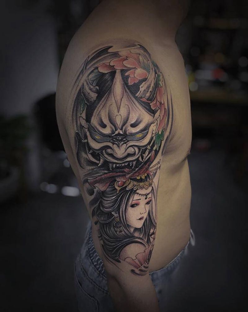 般若艺伎纹身图片_手臂新传统般若艺伎纹身图案