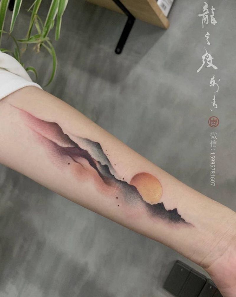 国风纹身图片_手臂水墨水彩纹身图案