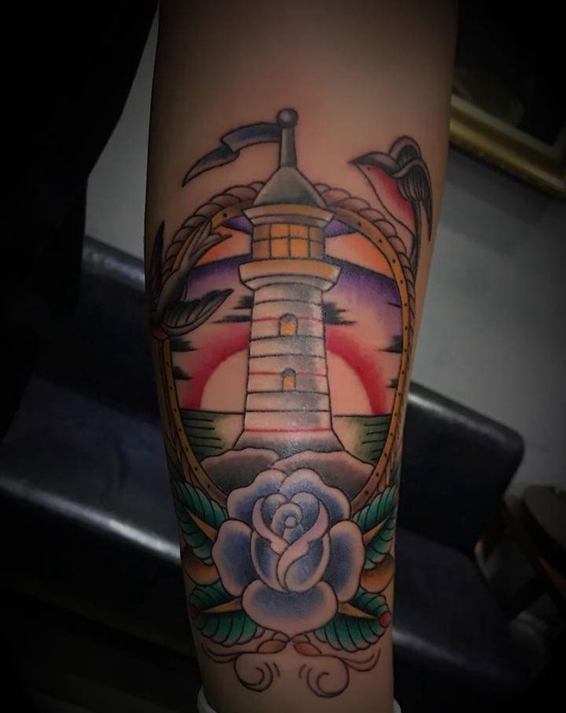 灯塔纹身图片_手臂Old School纹身图案