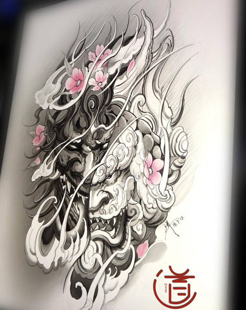 唐狮般若纹身图片_手臂腿部新传统老传统纹身图案