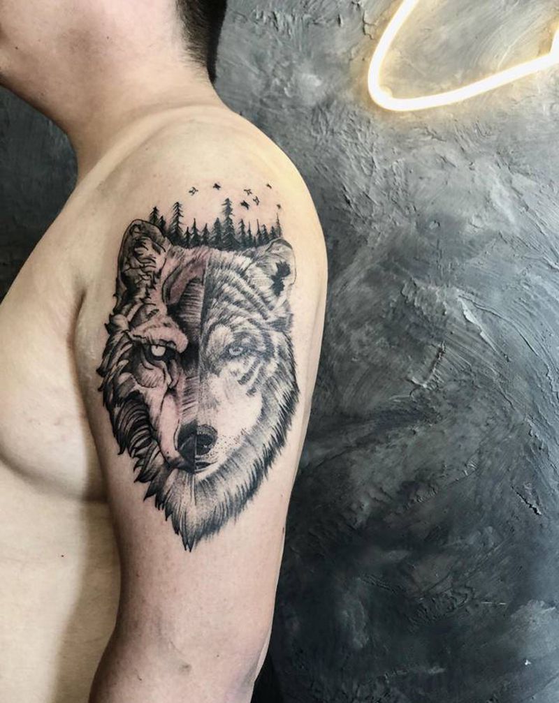 狼纹身图片_手臂欧美写实新传统纹身图案