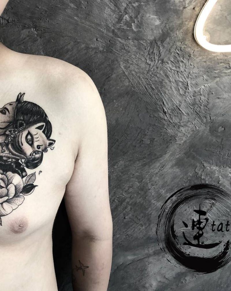 艺伎遮盖纹身图片_胸部新传统纹身图案