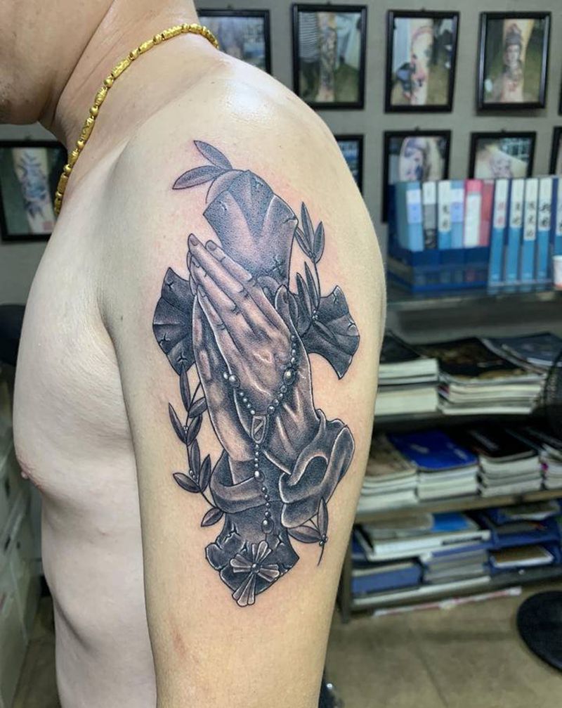 大臂纹身图案#十字架佛手纹身#纹身图片_手臂纹身图案