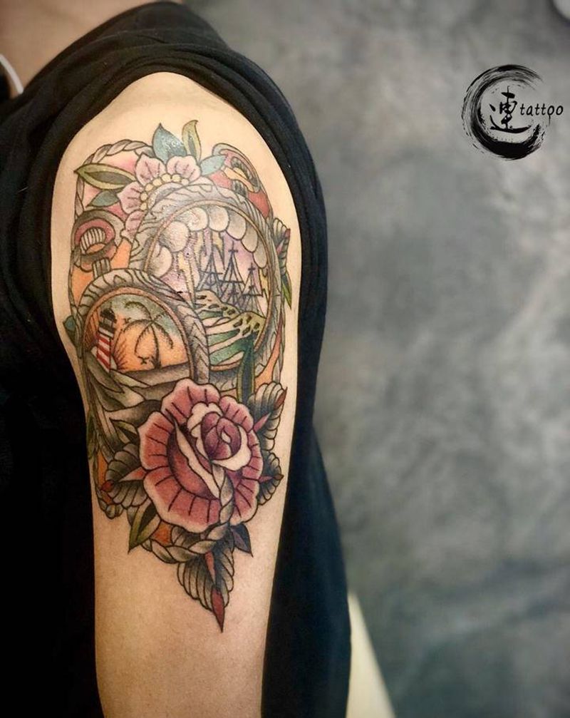 old  school 小花臂纹身图片_手臂Old School纹身图案