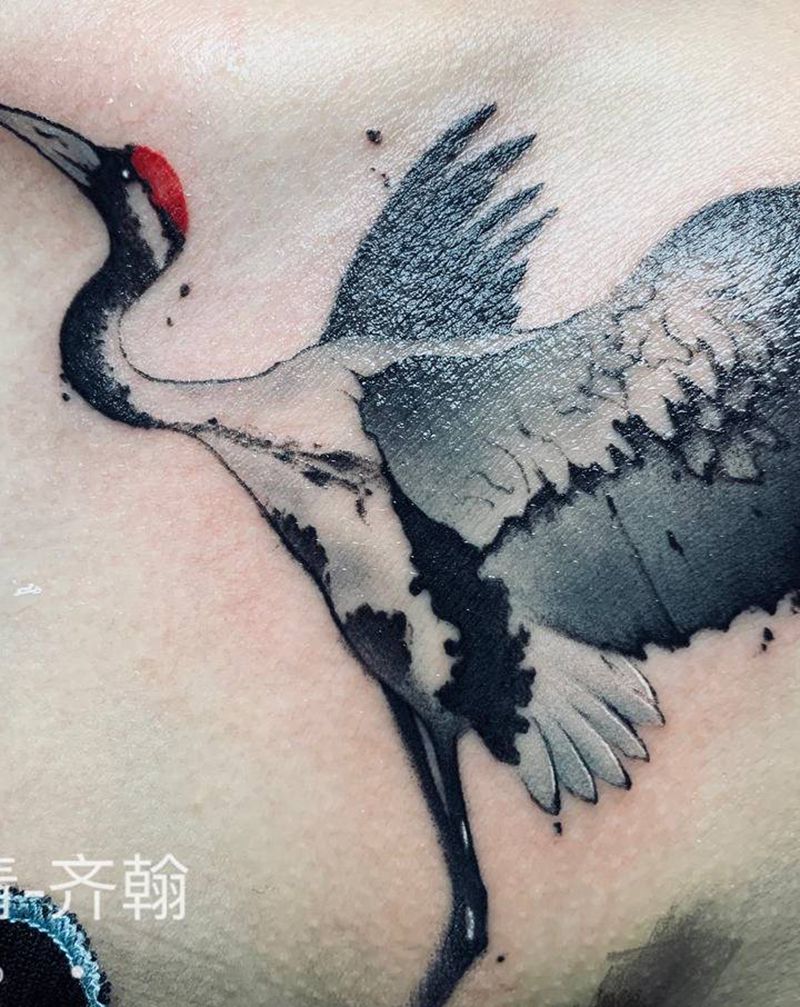 仙鹤纹身图片_肩部背部水墨水彩纹身图案