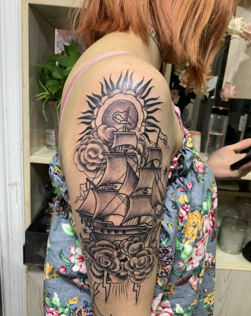 帆船纹身图片_手臂新传统纹身图案