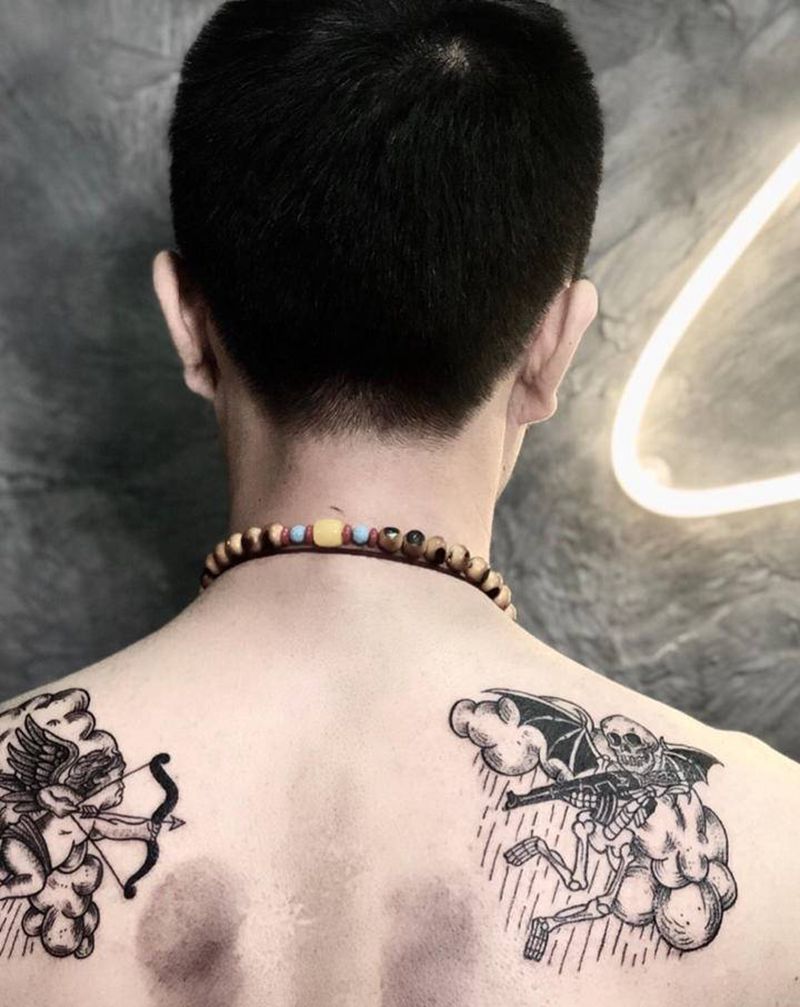 天使与恶魔纹身图片_肩部纹身图案