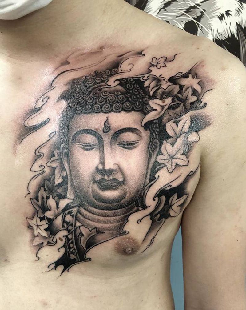 佛头纹身图片_胸部新传统纹身图案