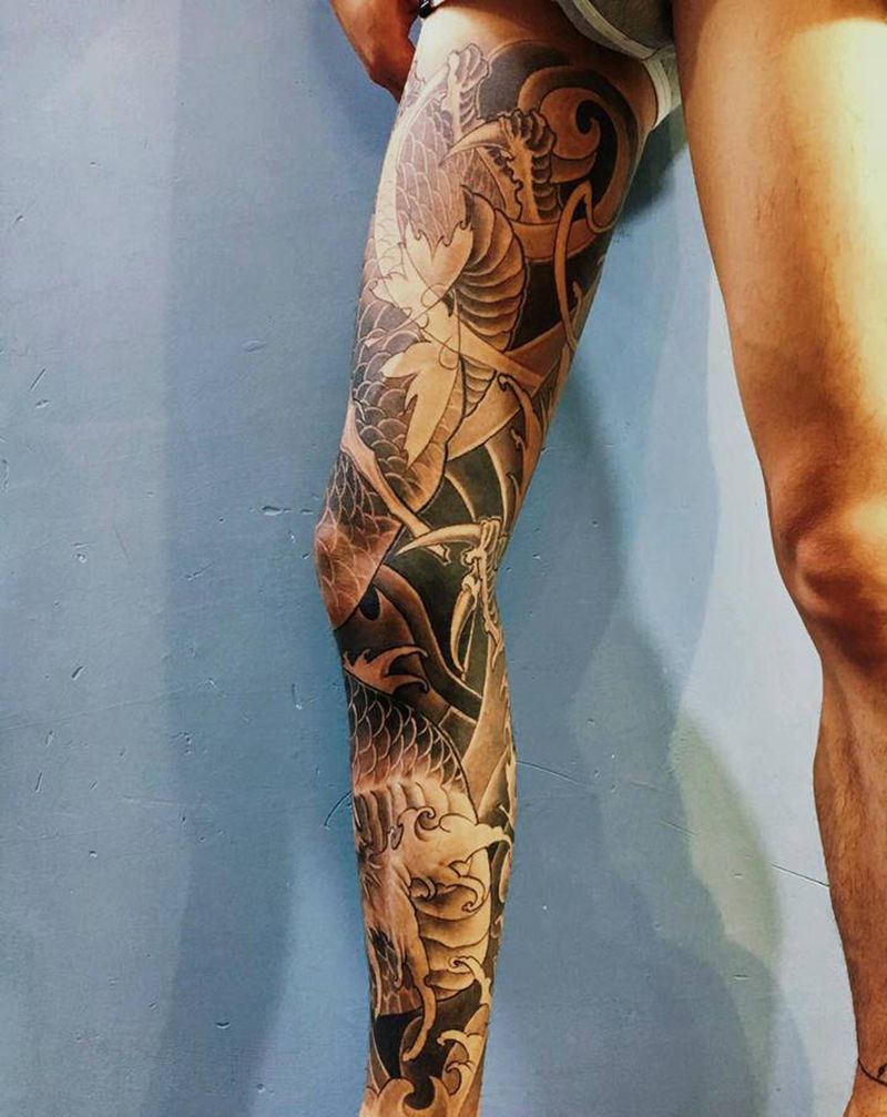 龙盘腿纹身图片_腿部新传统纹身图案