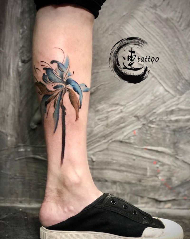 泼墨彼岸花纹身图片_腿部纹身图案