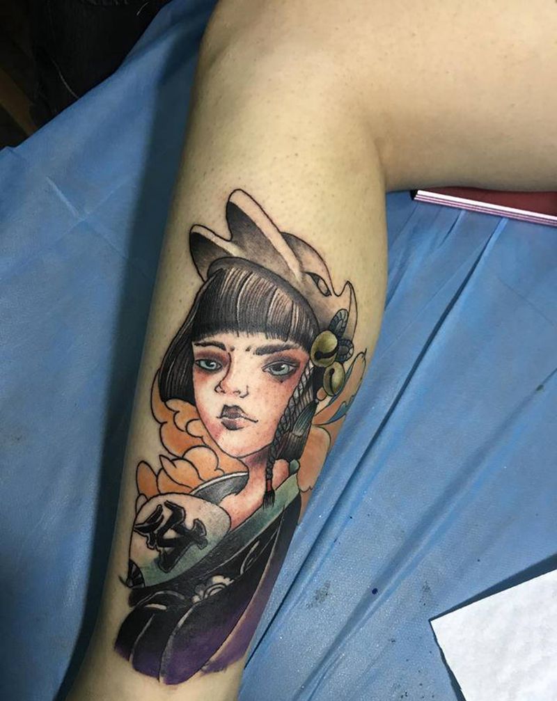 遮盖作品纹身图片_腿部Old School小女孩纹身图案