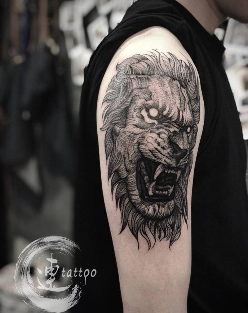 素描 大狮子纹身图片_手臂素写纹身图案