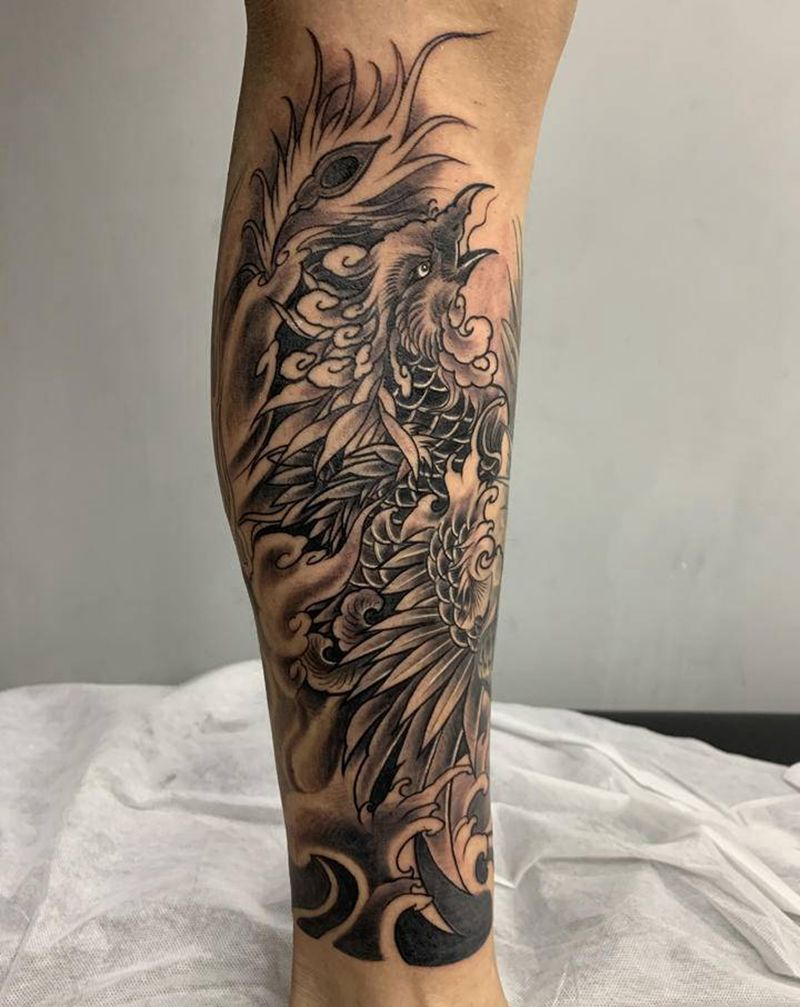 小腿凤凰纹身图片_腿部新传统纹身图案