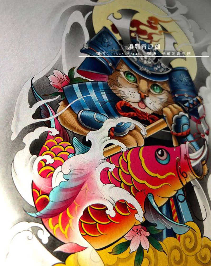 武士猫纹身图片_腿部手臂新传统武士 猫纹身图案