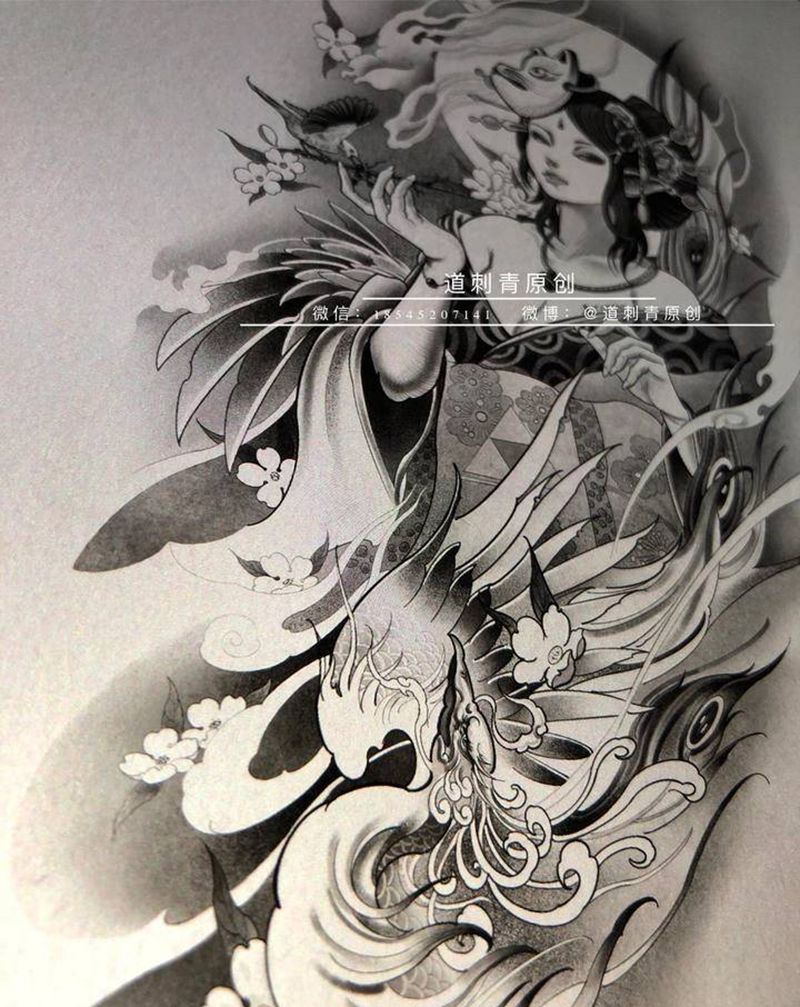 艺妓凤凰纹身图片_腿部手臂新传统艺妓凤凰凤凰艺妓纹身图案