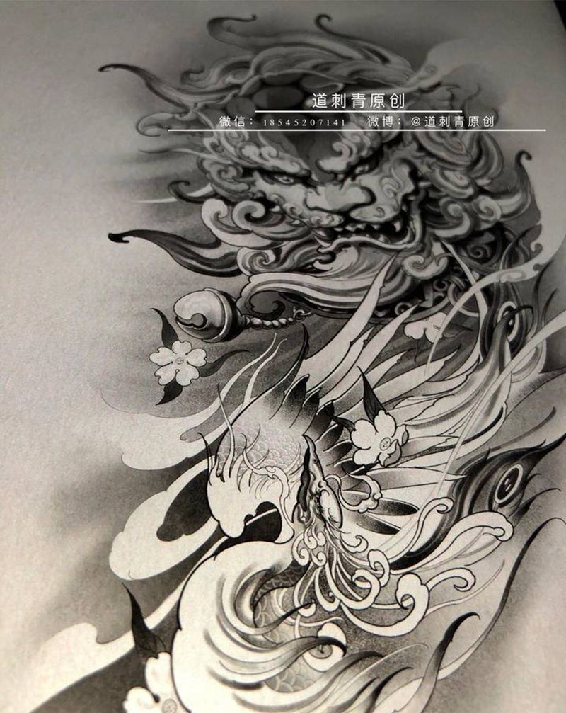 凤凰唐狮纹身图片_腿部手臂新传统凤凰唐狮花臂纹身图案