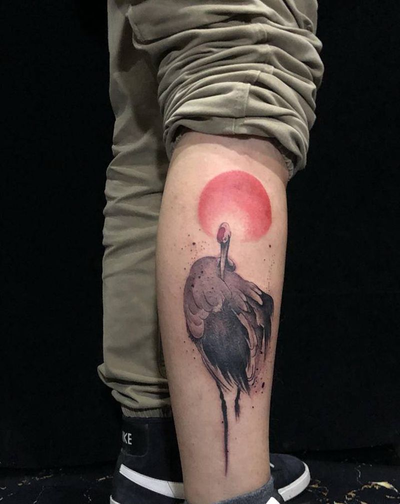 小腿仙鹤纹身纹身图片_背部腿部水墨纹身图案