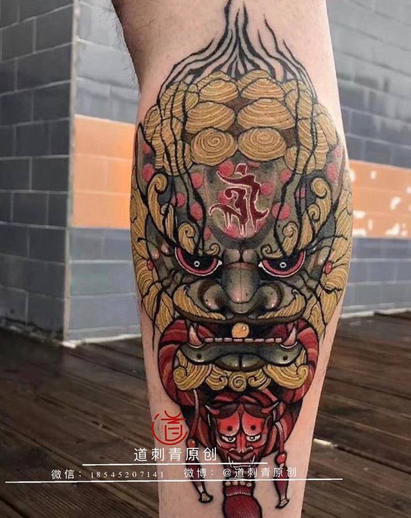 唐狮纹身图片_腿部新传统唐狮纹身图案