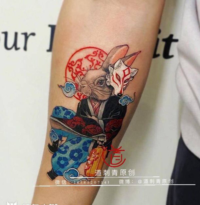 兔子纹身图片_手臂新传统水彩兔子纹身图案